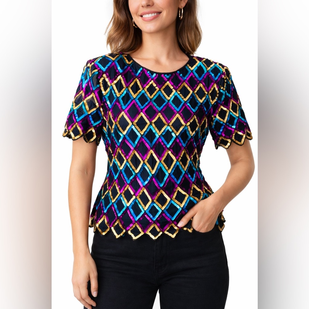 Vintage Stenay Silk Sequin Harlequin Diamond Retro Glam Party Top M